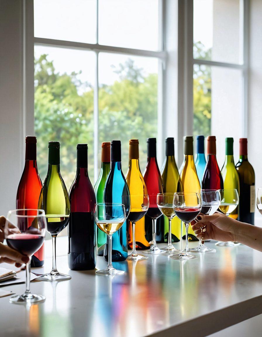 A vibrant workspace filled with colorful wine bottles and glasses, showcasing a diverse group of professionals clinking glasses while brainstorming ideas. Include elements of joy and teamwork, like laughter and a bright sunny window in the background. Highlight the fusion of wine culture with a productive work environment. super-realistic. vibrant colors. white background.